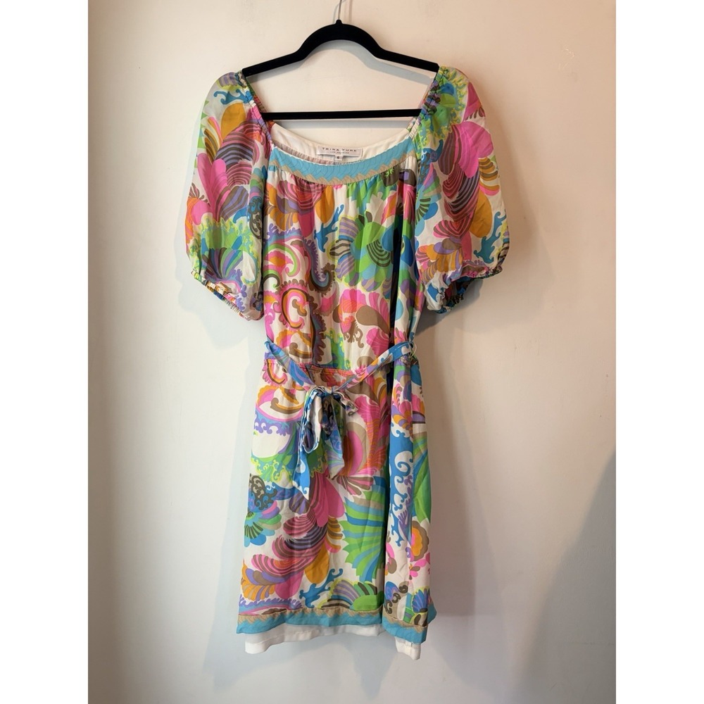 Trina Turk Silk Dress Size 6 Colorful Psychedelic Print Belted Mini Made in USA